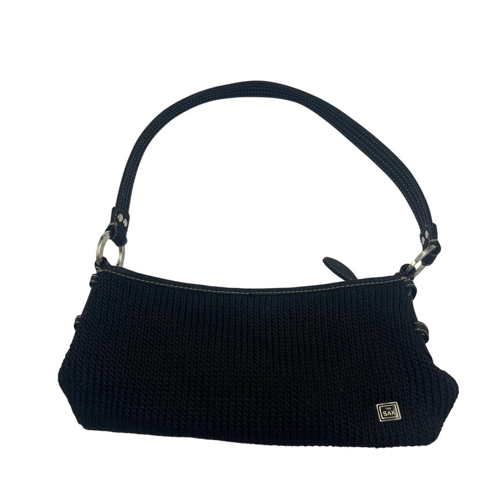 Vtg The Sak Small Hobo Shoulder Crocket Woven Bag Purse Black Lined Zippered